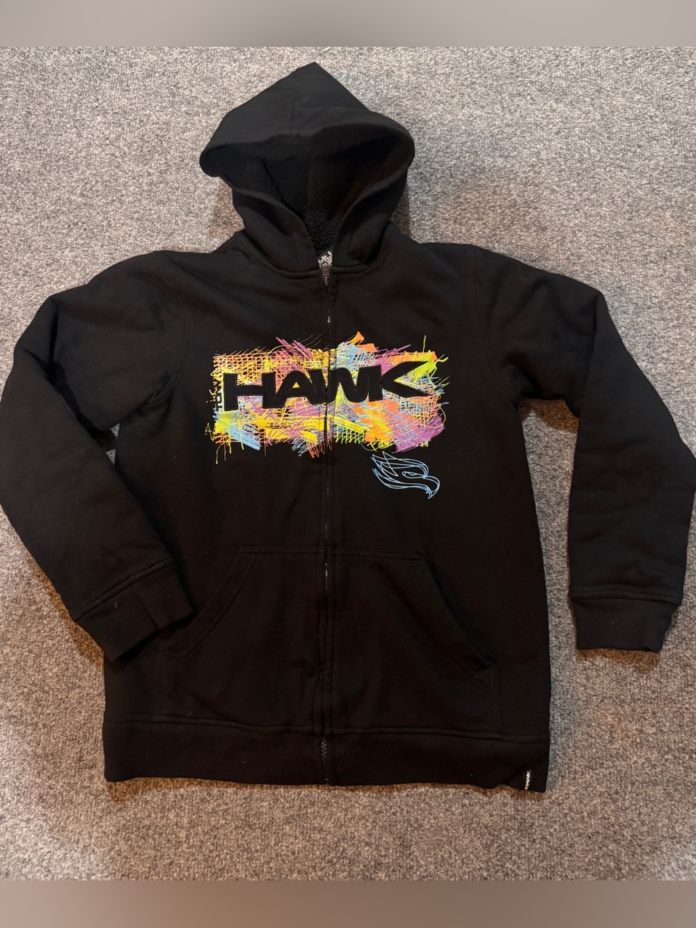 2012 Tony Hawk Black Sherpa Lined Zip Up Hoodie Boys Sz L 14-16 Skateboard Y2K
